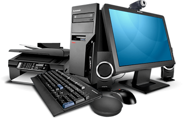 Desktop computer, printer, monitor, keyboard and speakers